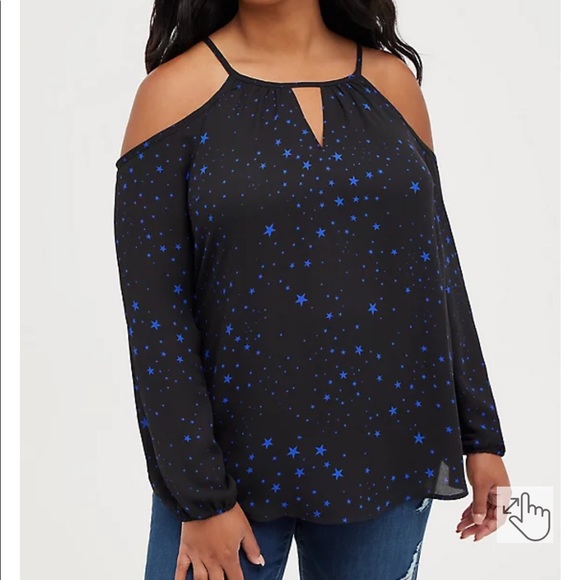 Torrid Black with blue stars cold shoulder blouse - Picture 2 of 4